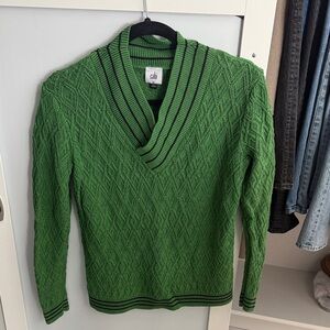 CAbi Green Cable-Knit V-Neck Sweater with Black Stripe Trim
